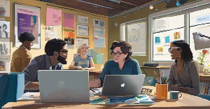 An independent filmmaker discussing her crowdfunding campaign with a diverse group of supporters in a cozy workspace filled with film posters and equipment.