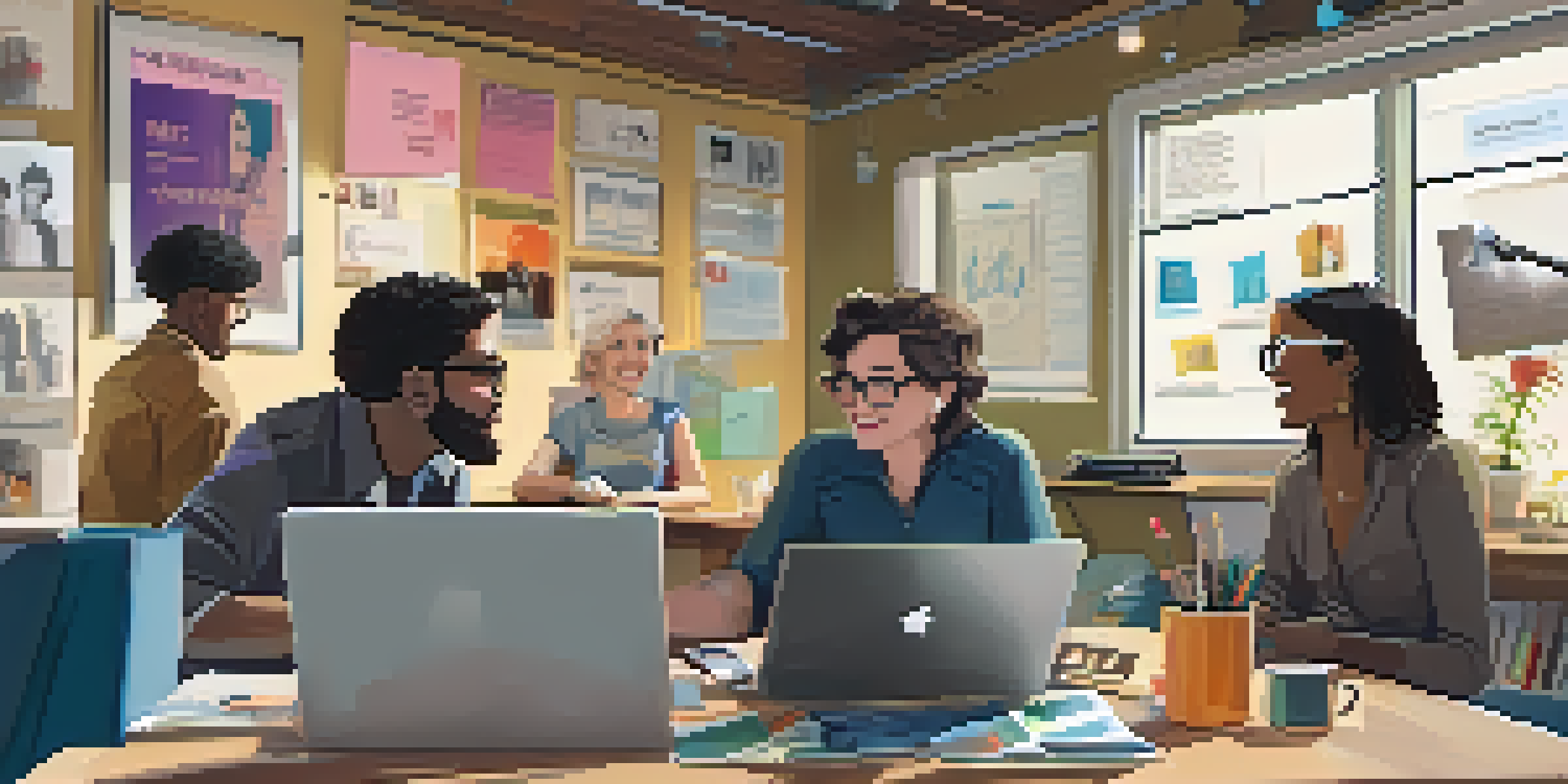 An independent filmmaker discussing her crowdfunding campaign with a diverse group of supporters in a cozy workspace filled with film posters and equipment.