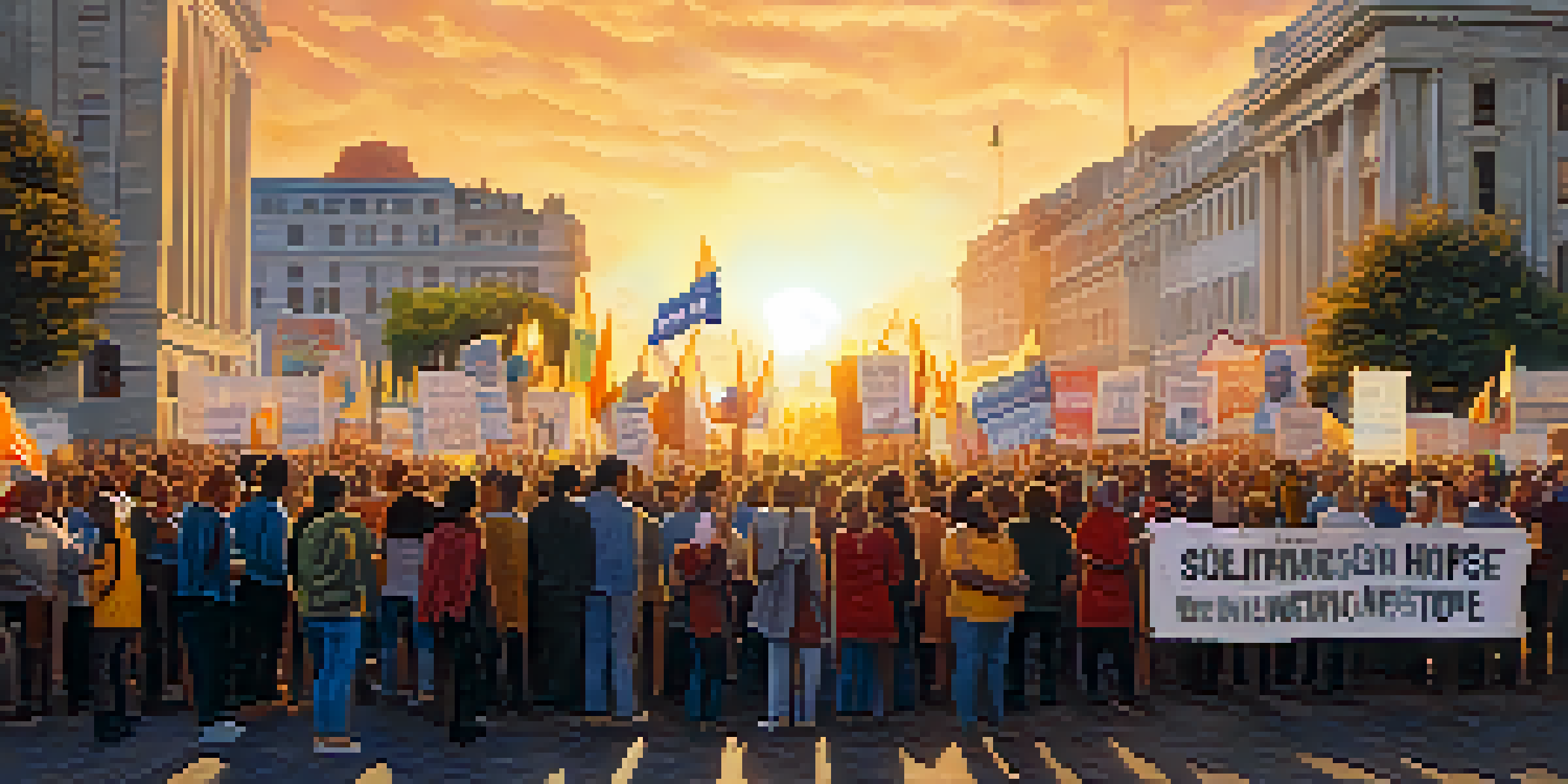A diverse crowd protesting in a city square during sunset, holding colorful banners and placards, showcasing determination and hope.