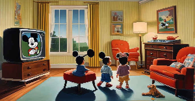 A vintage living room with a television showing an animated character, children watching with fascination.