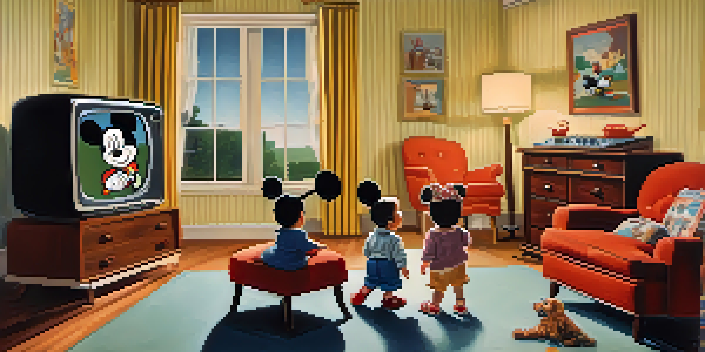 A vintage living room with a television showing an animated character, children watching with fascination.