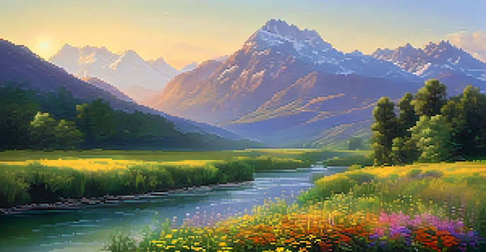 A peaceful river landscape with green valleys and wildflowers under a golden sunset, with misty mountains in the background.