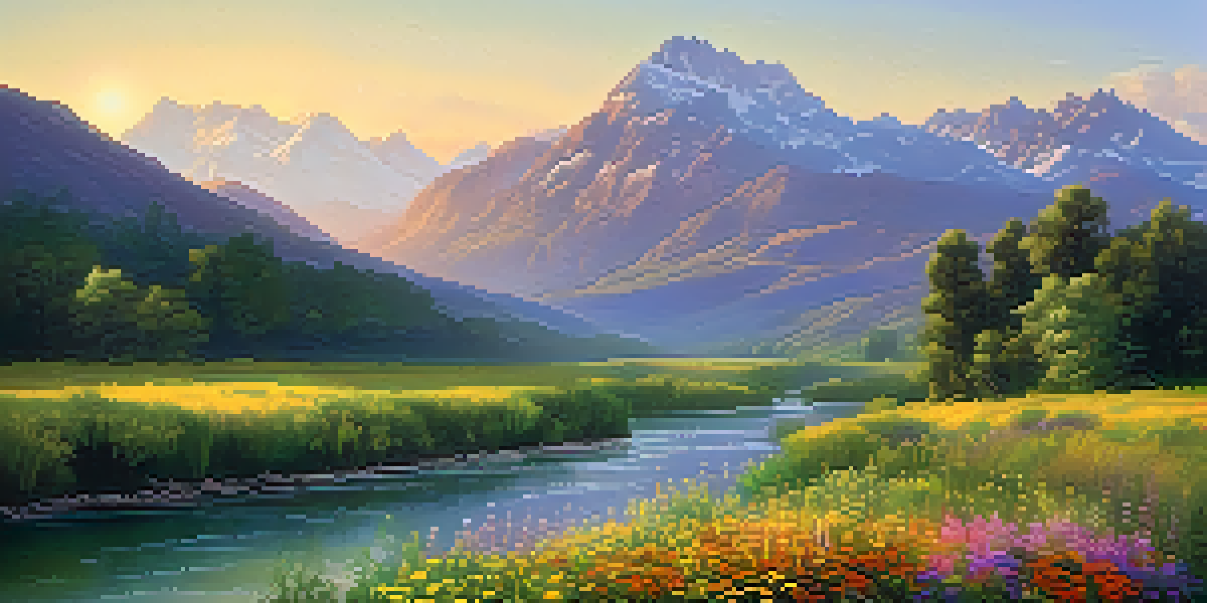 A peaceful river landscape with green valleys and wildflowers under a golden sunset, with misty mountains in the background.