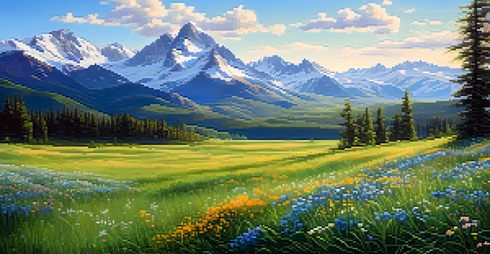 A peaceful green meadow filled with colorful wildflowers, against a backdrop of snow-capped mountains and a bright blue sky.