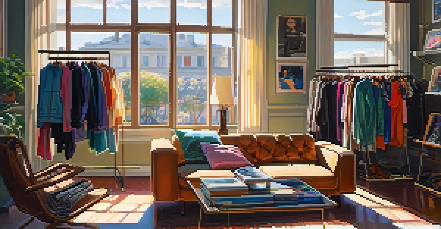 A vintage-inspired room with clothing racks of 80s fashion and sunlight streaming through a window, creating a nostalgic vibe.