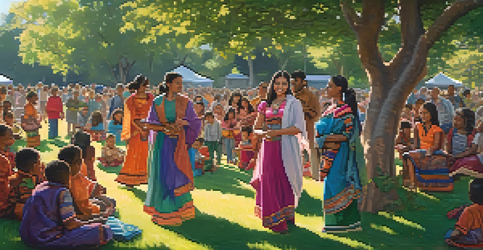 A diverse group of people in a park sharing stories, showcasing various traditional clothing and cultural interactions under sunlight.