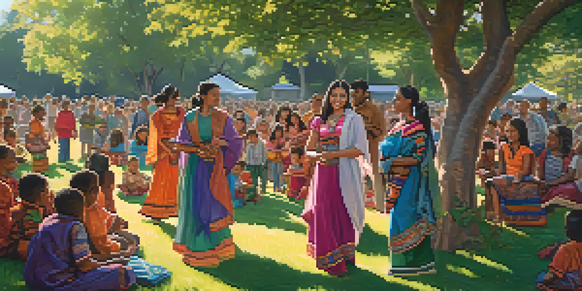 A diverse group of people in a park sharing stories, showcasing various traditional clothing and cultural interactions under sunlight.