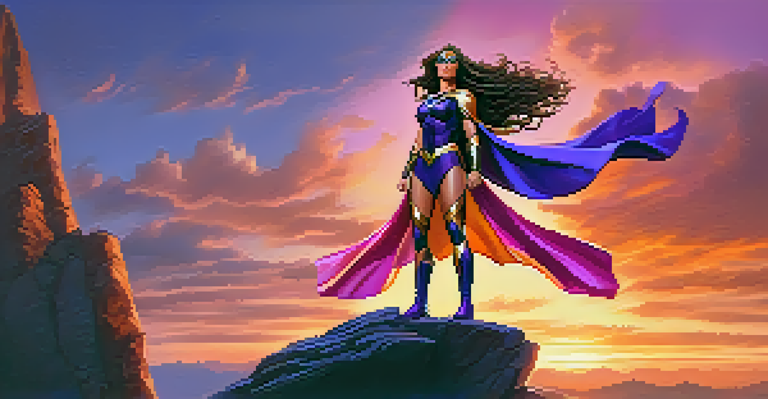 A strong female superhero in a dynamic pose on a cliff during sunset, with a colorful sky.