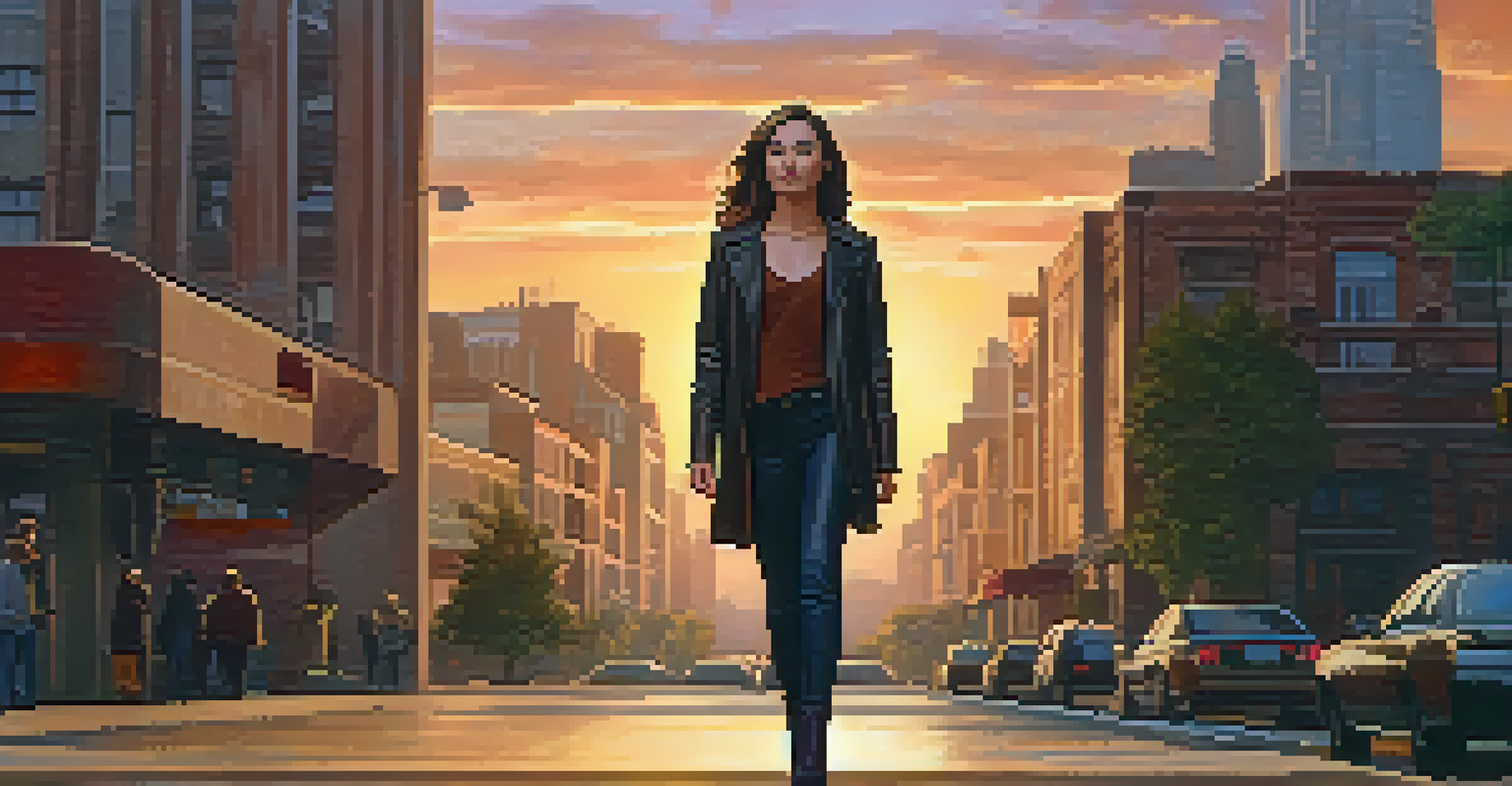 An empowered female character standing confidently in a city during sunset, symbolizing hope and resilience.