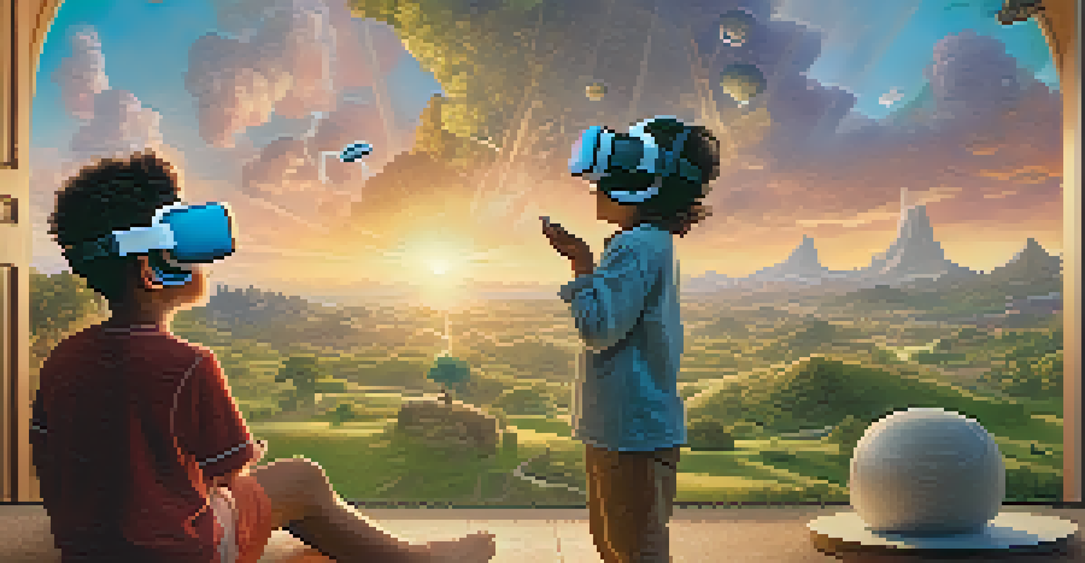 Two people using virtual reality headsets, one child interacting joyfully with animated characters, and one adult engaged in a dramatic virtual landscape.