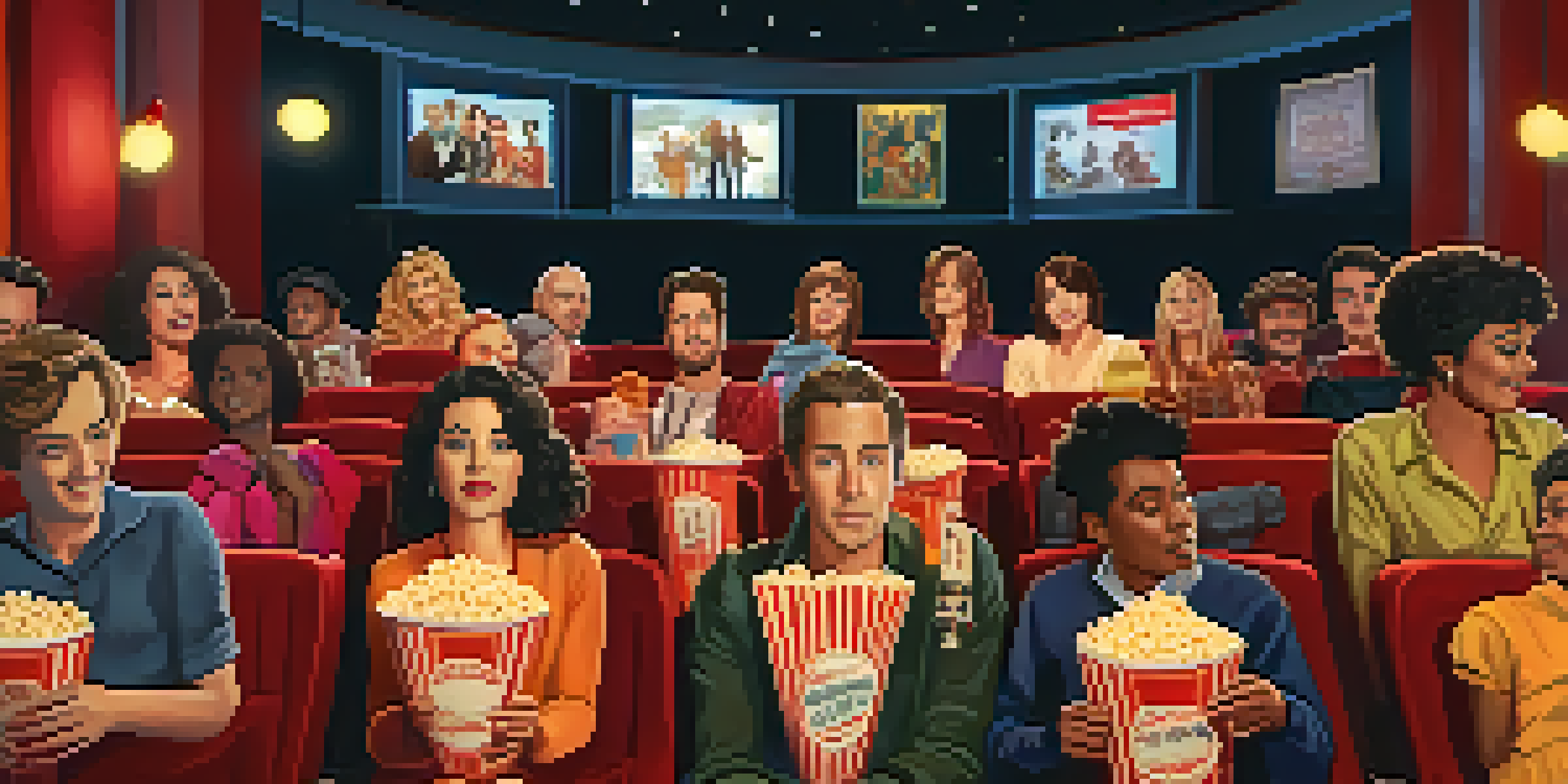 A group of fans at a midnight film screening, dressed as characters from cult films, in a vintage cinema with colorful lighting and movie posters.