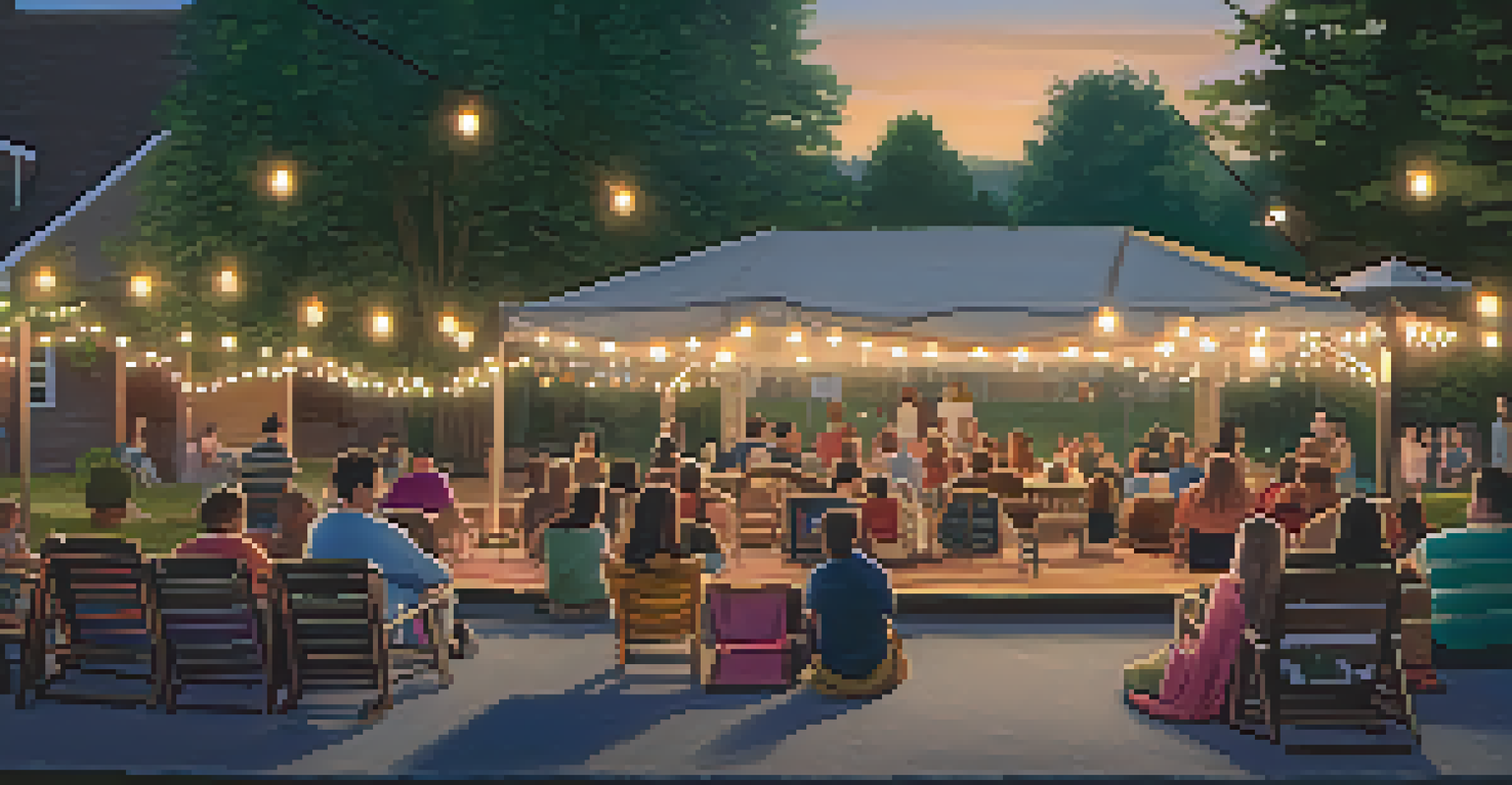An outdoor cinema with families watching a movie under the stars, surrounded by cozy blankets, popcorn stands, and colorful lights.