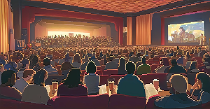 A diverse audience at a film festival, engaged in discussions in a dimly lit theater with a glowing screen.