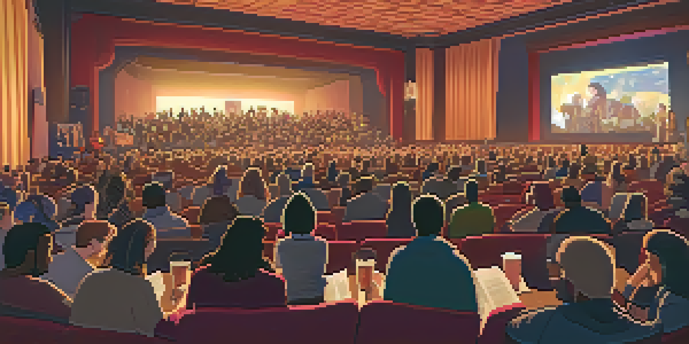 A diverse audience at a film festival, engaged in discussions in a dimly lit theater with a glowing screen.