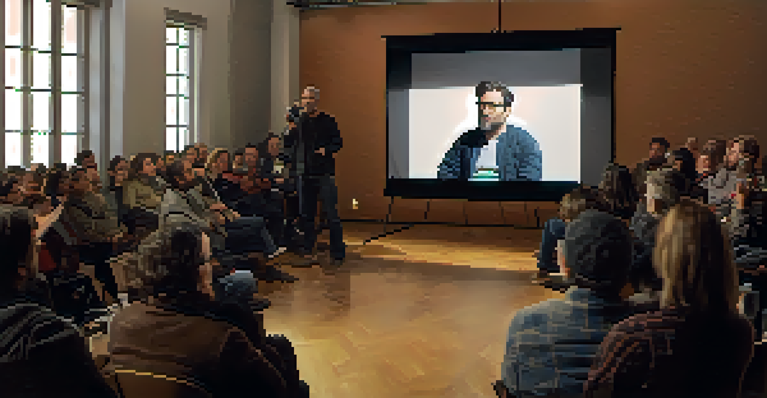 A filmmaker presenting during a Q&A session at Sundance, with an engaged audience and a film still projected on a screen.