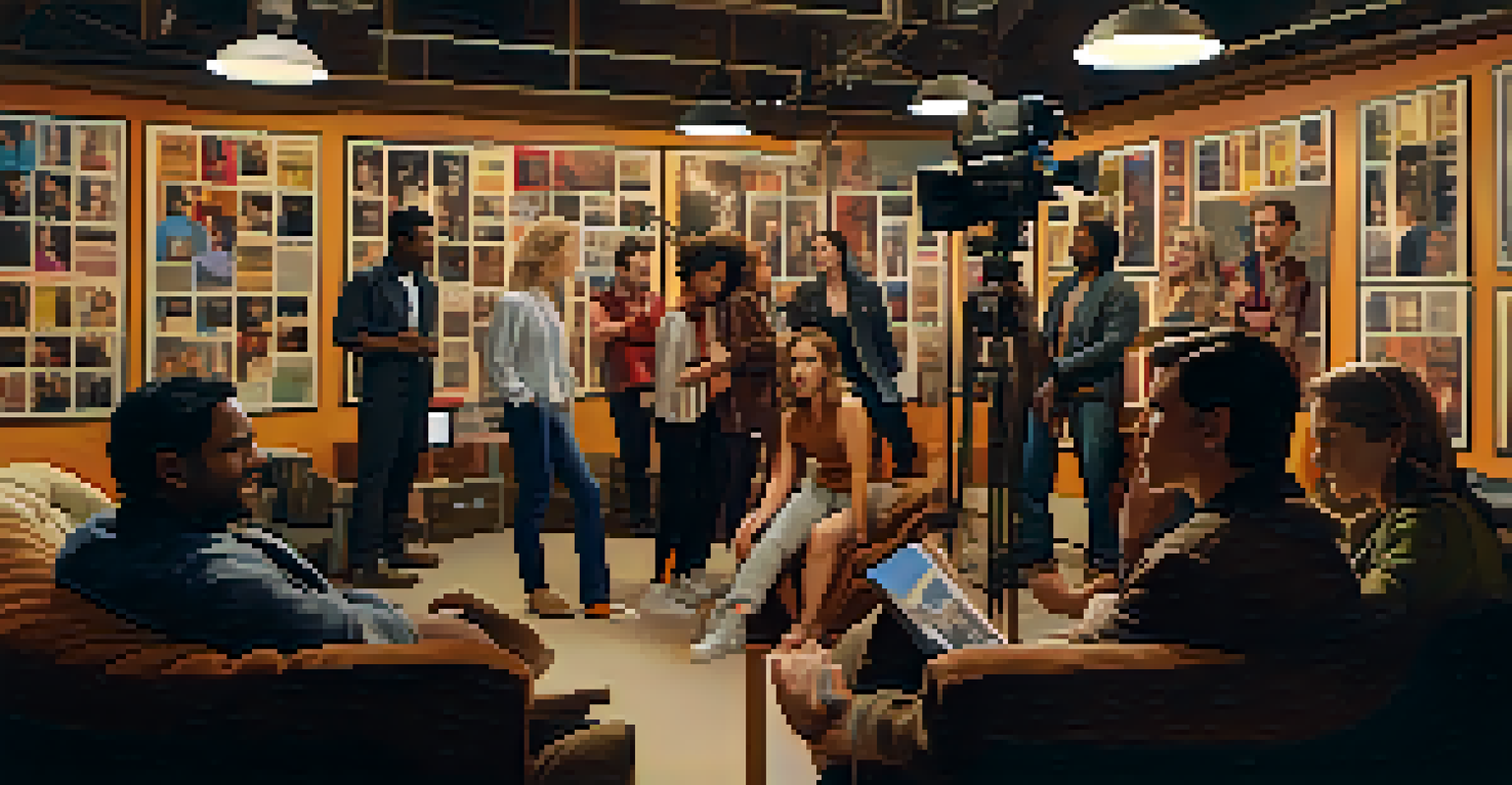 A diverse group of actors discussing in a film studio, surrounded by movie posters and cameras, representing modern inclusivity in cinema.