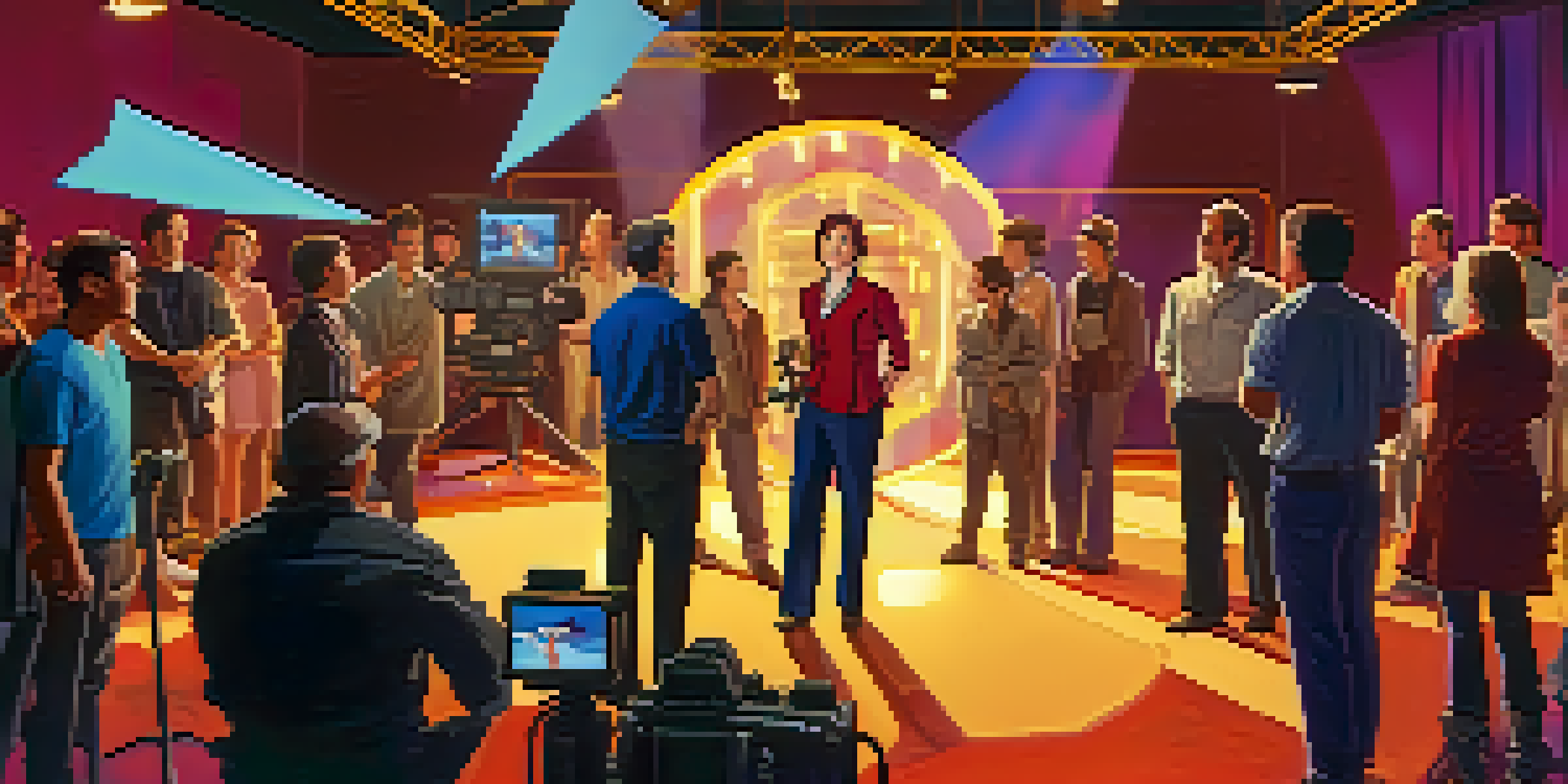 A middle-aged woman director passionately discussing a scene on a colorful movie set with crew members and actors around her.