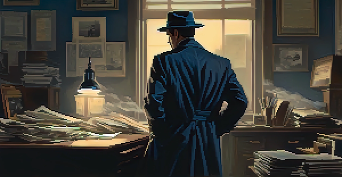 A detective in a dimly lit office, wearing a fedora and trench coat, surrounded by shadows and cigarette smoke.