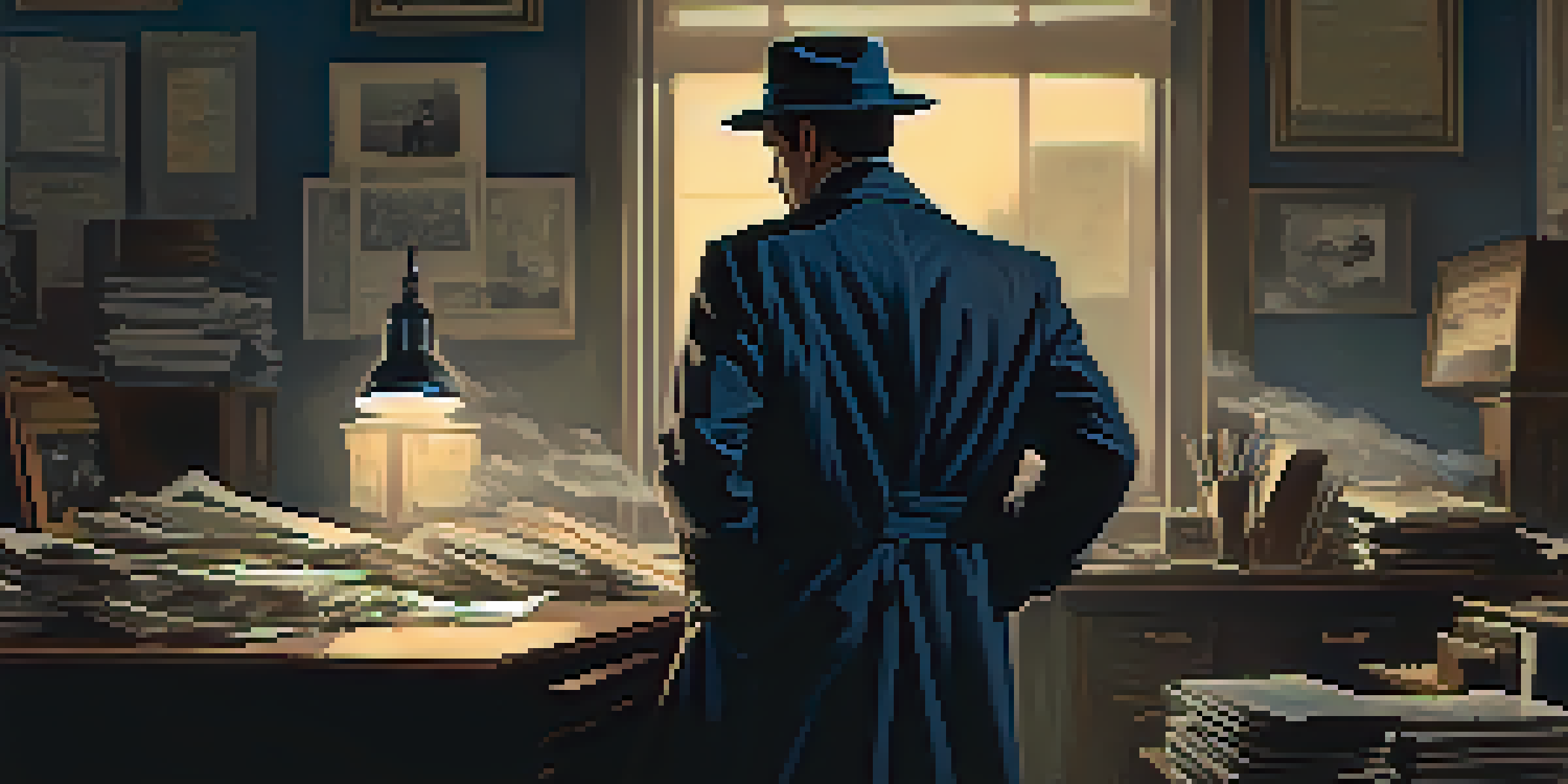 A detective in a dimly lit office, wearing a fedora and trench coat, surrounded by shadows and cigarette smoke.