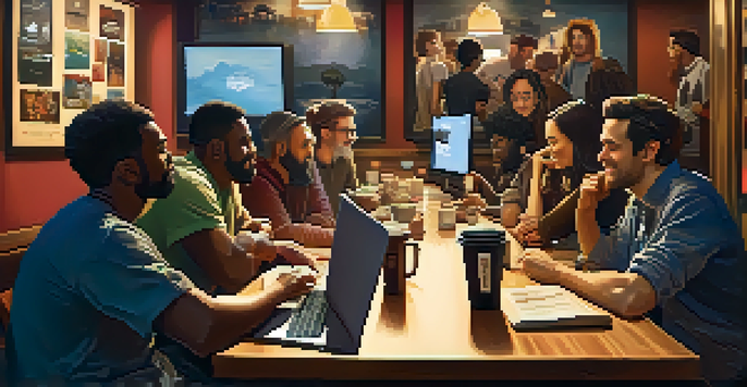 A diverse group of film enthusiasts discussing in a cozy coffee shop surrounded by movie posters and laptops.