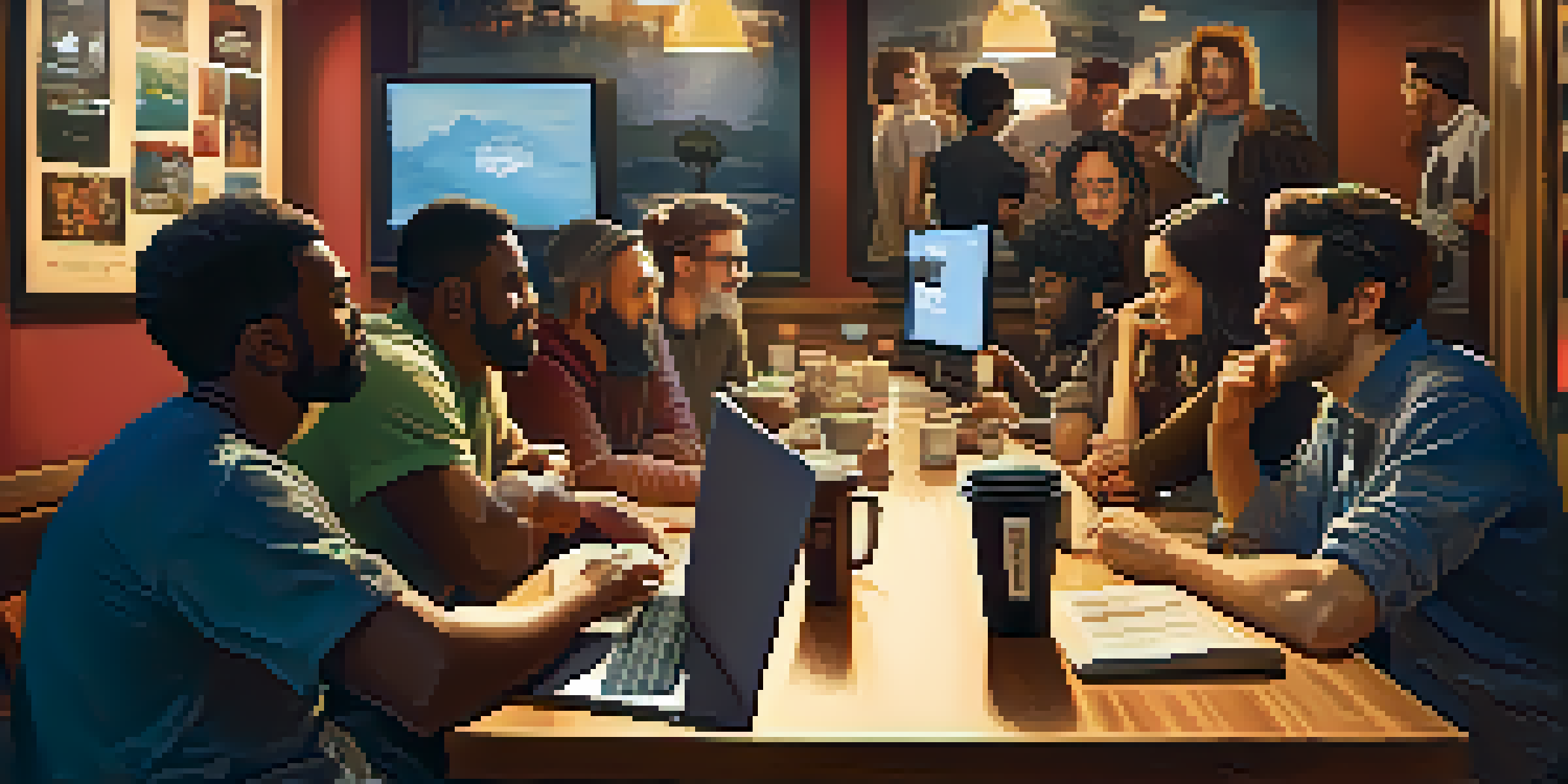 A diverse group of film enthusiasts discussing in a cozy coffee shop surrounded by movie posters and laptops.