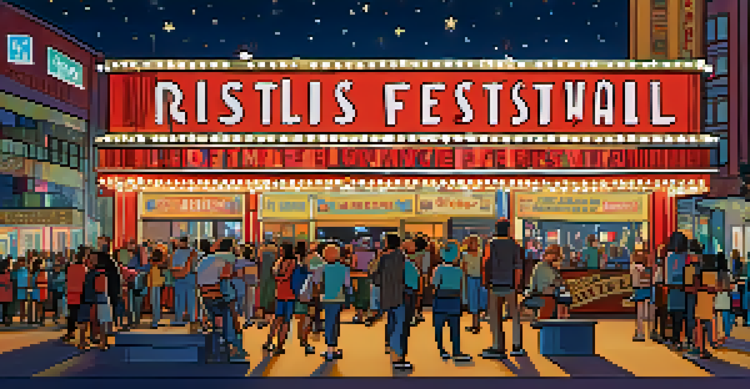 A vibrant urban film festival at night with bright marquee lights, food trucks, and a bustling crowd against a city skyline.