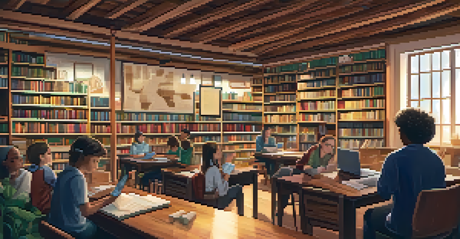 A teacher and students in a cozy library watching a documentary about climate change on a laptop.
