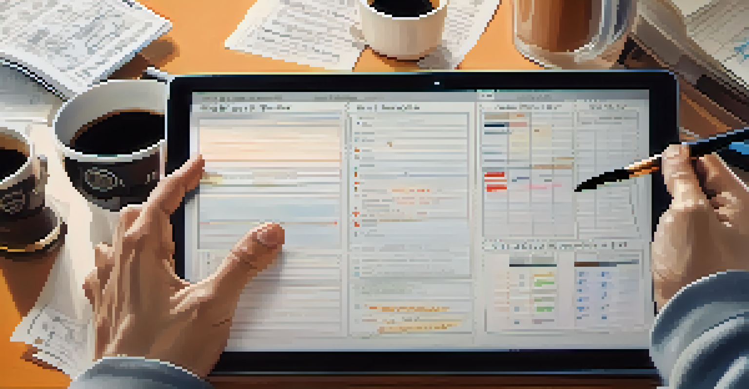 A close-up of hands using a tablet to manage a shooting schedule, surrounded by notes and a coffee cup, in a busy production office.