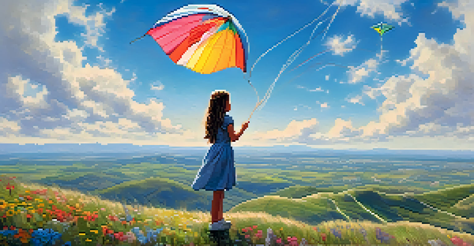 A girl on a hilltop holding a kite, gazing at a beautiful valley filled with flowers and under a blue sky.