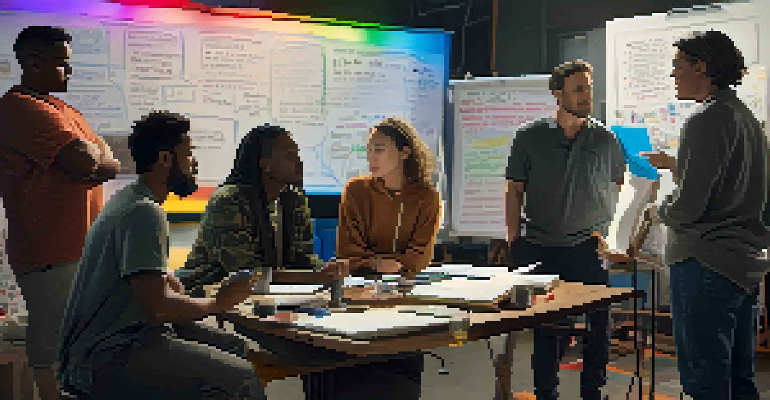 A film director with a diverse crew discussing a script on a movie set.