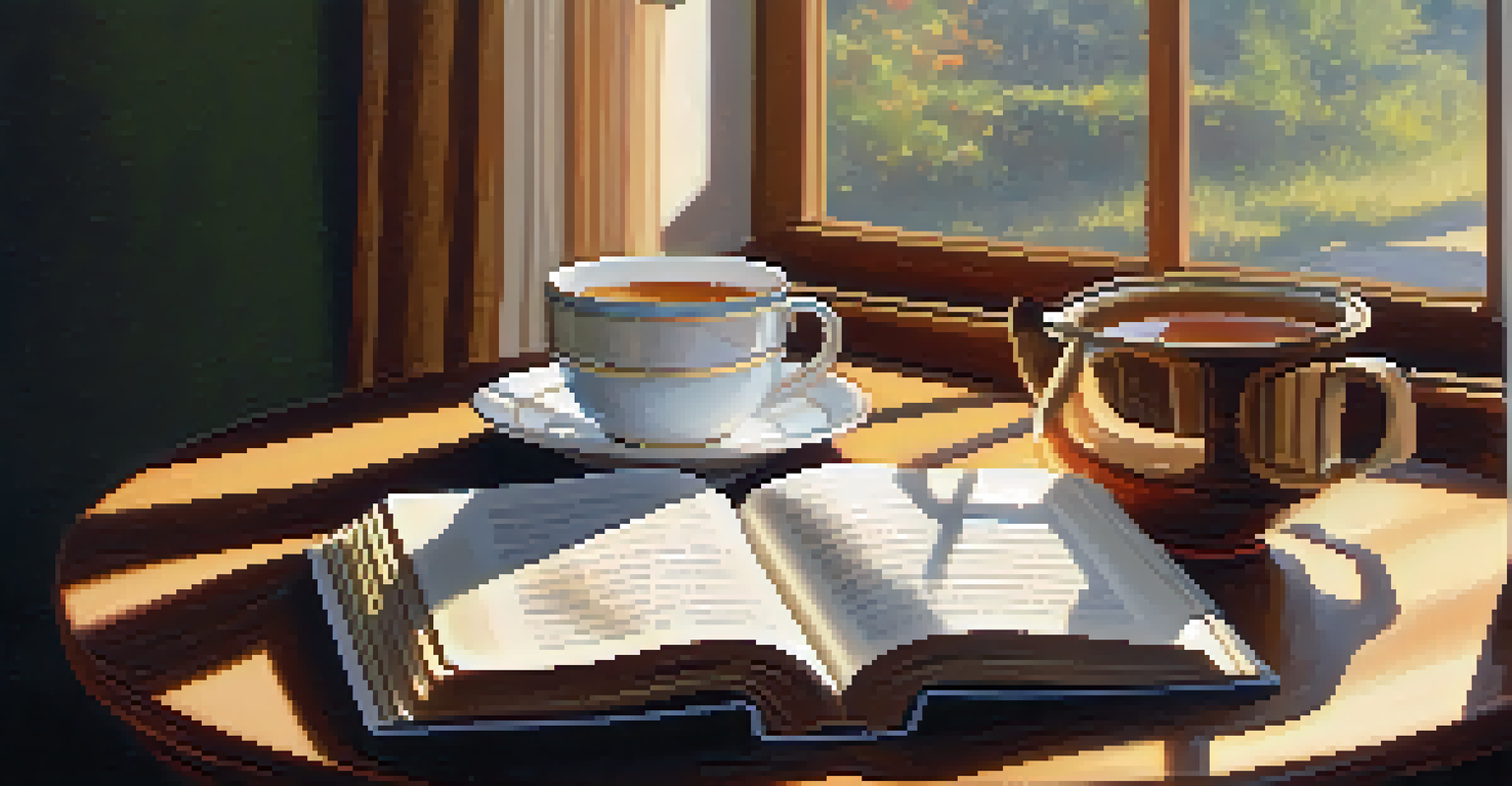 A close-up of an open book and a cup of tea on a wooden table, with sunlight creating a warm atmosphere.