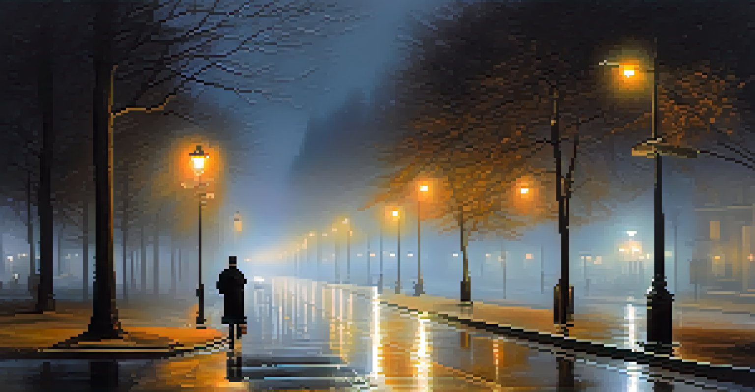 A foggy night street with illuminated street lamps and a shadowy figure, creating suspense.