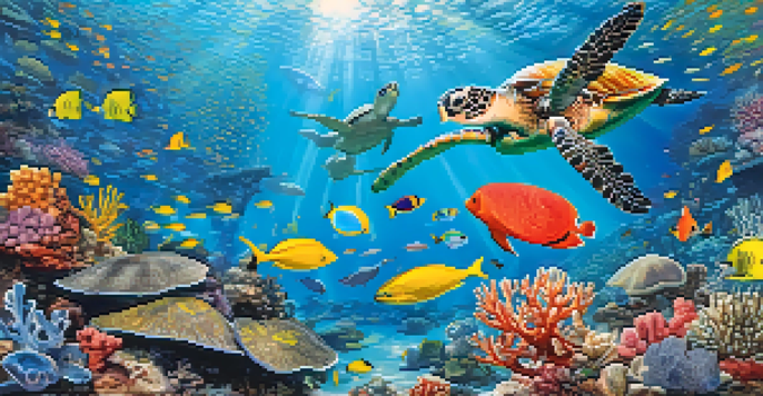 A colorful coral reef with various fish and a sea turtle swimming in a sunlit underwater scene.