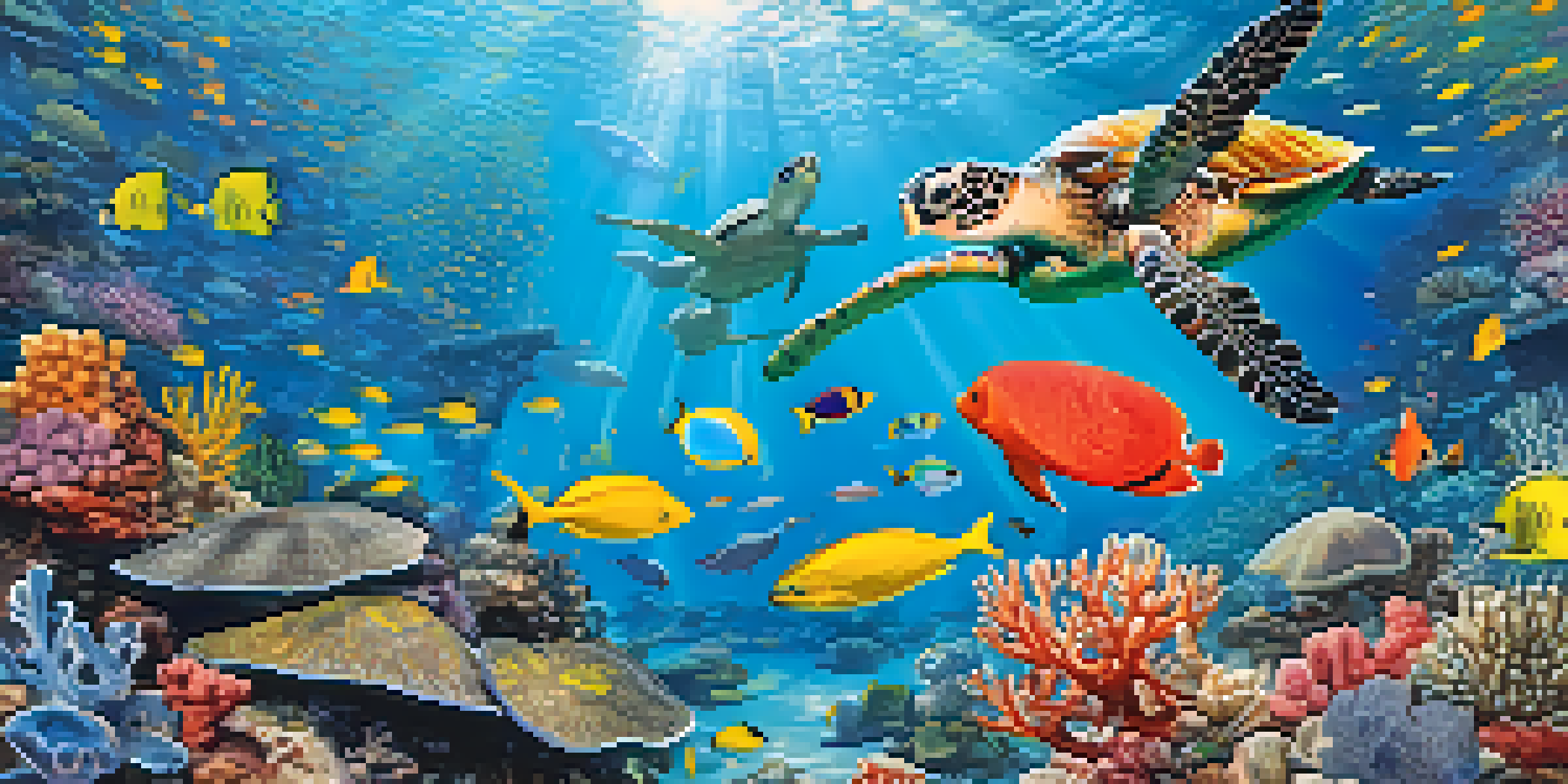 A colorful coral reef with various fish and a sea turtle swimming in a sunlit underwater scene.