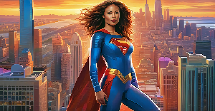 A film marketing poster showcasing a strong female superhero character against a colorful city skyline at sunset, symbolizing empowerment.