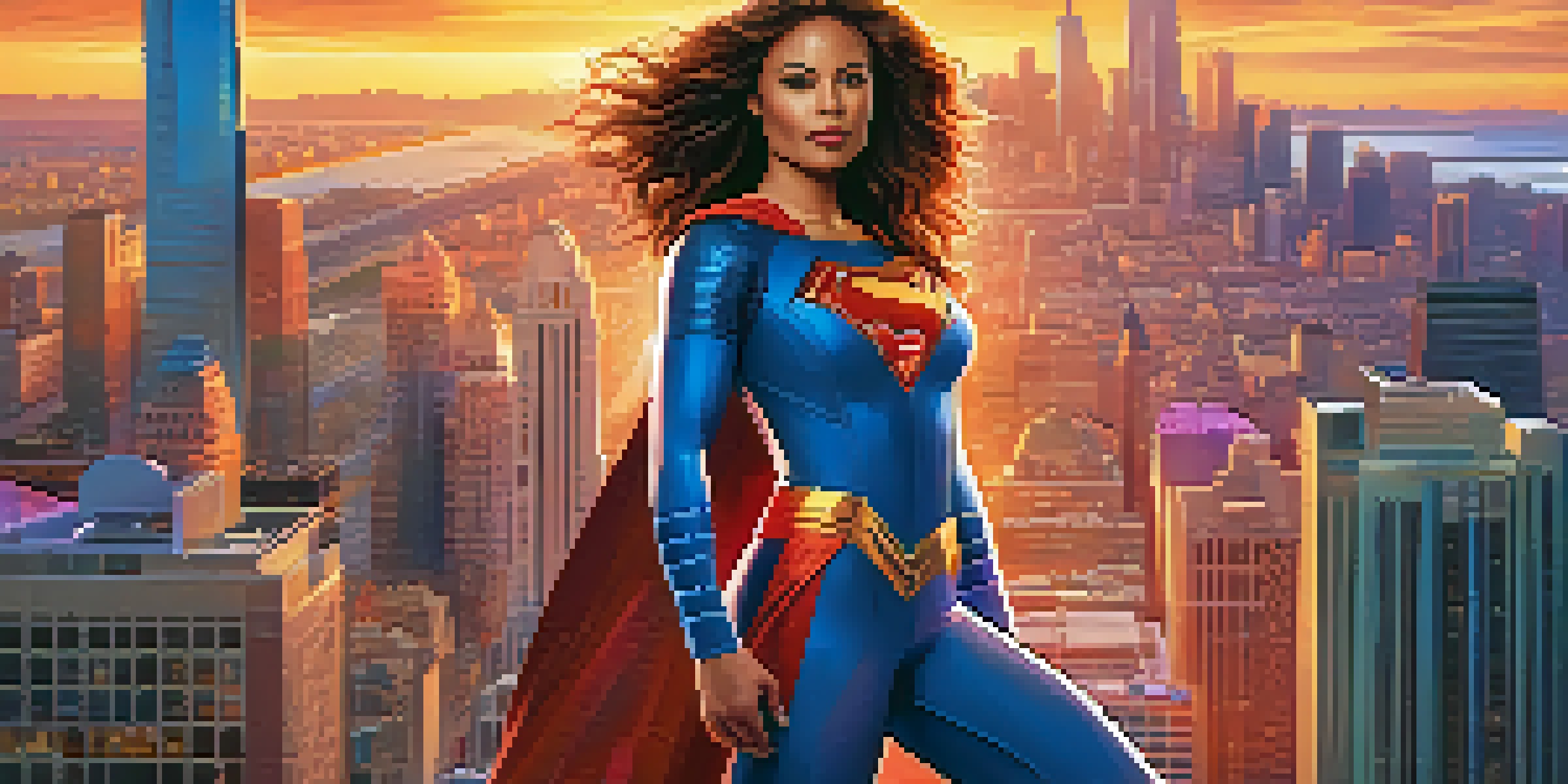 A film marketing poster showcasing a strong female superhero character against a colorful city skyline at sunset, symbolizing empowerment.