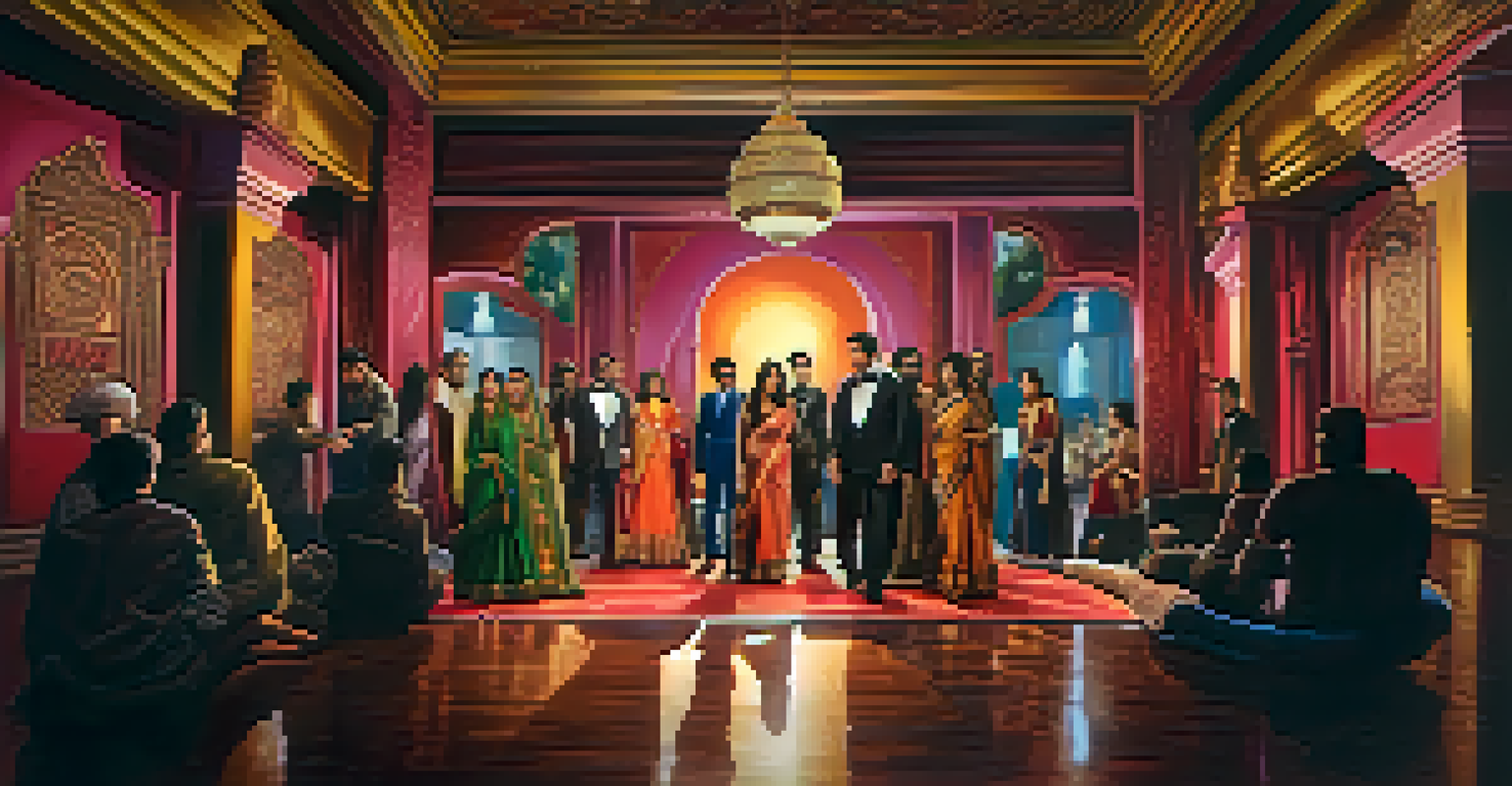 A film set merging Bollywood and Hollywood styles with actors from both industries and a blend of traditional and modern elements.