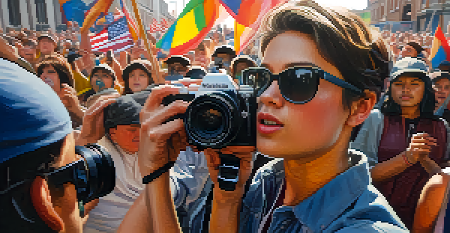 A close-up of a young activist filming a protest, showing passion and focus amidst blurred movement of fellow protesters.