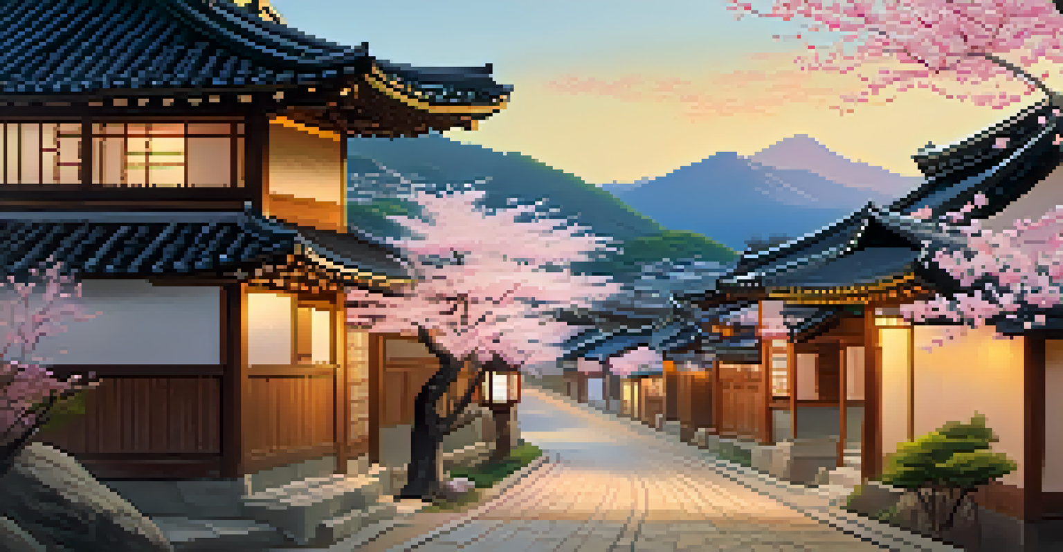 A traditional South Korean village with hanok houses and cherry blossom trees in bloom during golden hour light.