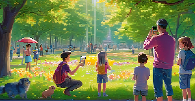 A family enjoying augmented reality in a sunny park, interacting with holographic elements.