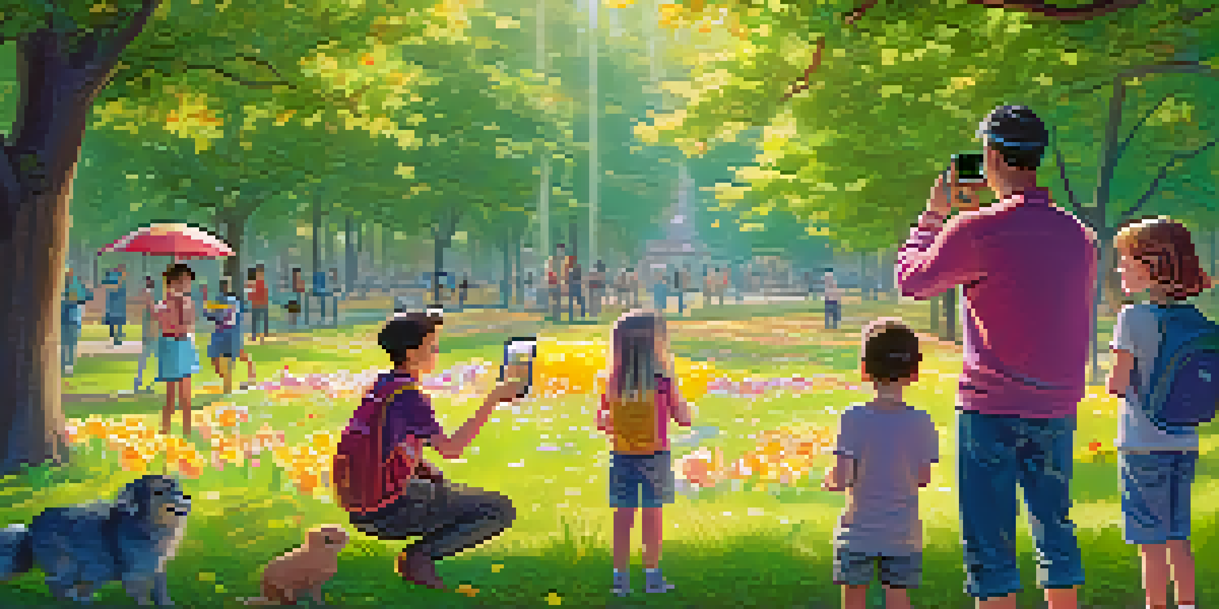 A family enjoying augmented reality in a sunny park, interacting with holographic elements.