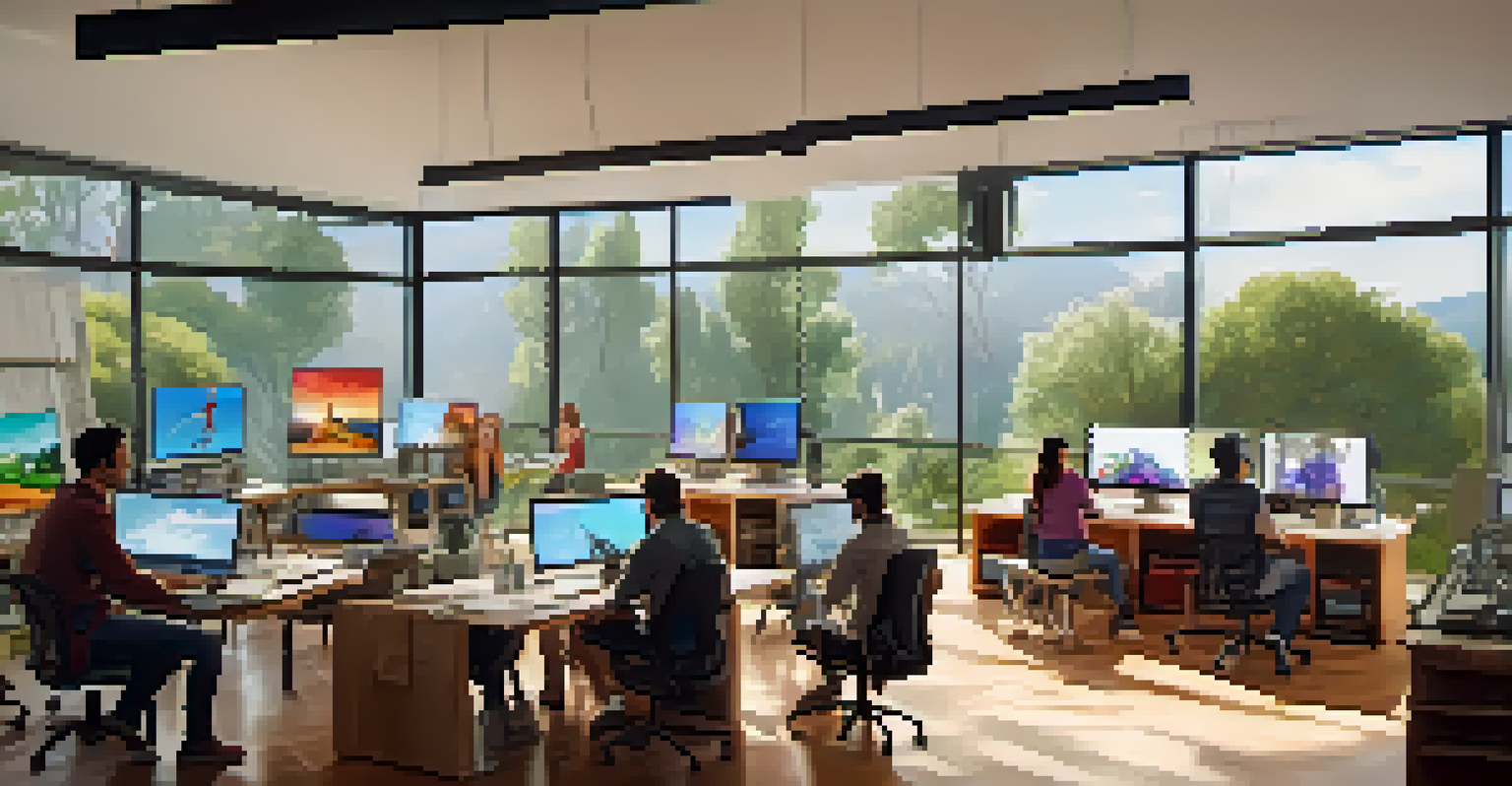 A modern animation studio with artists collaborating around a table and advanced technology in use.