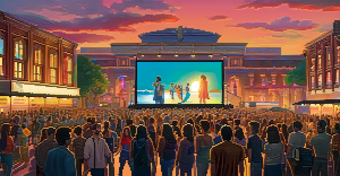 A busy film festival scene with filmmakers and audience members talking, colorful banners, and a large screen showing a film trailer at sunset.