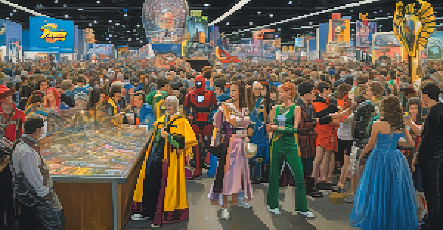 A lively cosplay convention filled with fans in colorful costumes representing various cult classics, showcasing creativity and interaction among attendees.