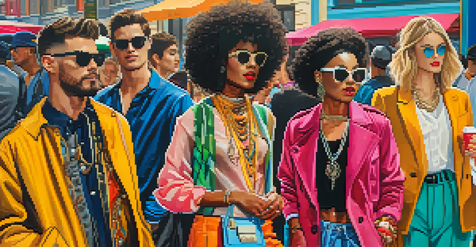 A group of stylish festival attendees in diverse outfits, showcasing a blend of casual and high-fashion styles in an urban setting.