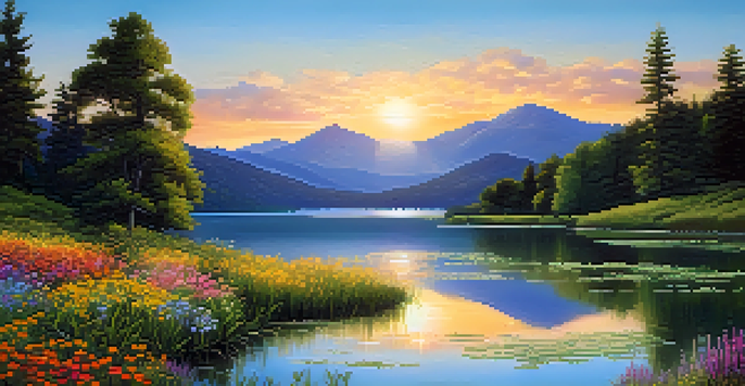 A tranquil lake scene with mountains, sunset reflections, and blooming wildflowers.