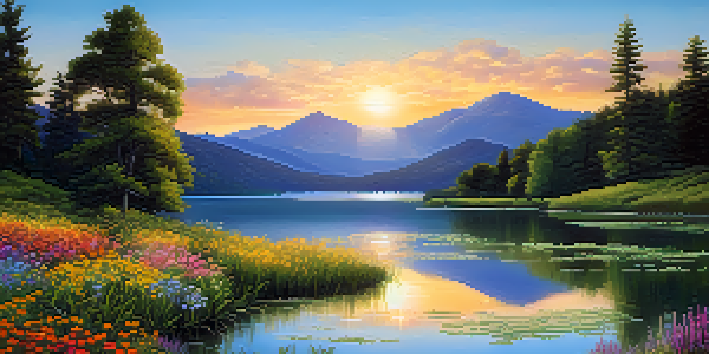 A tranquil lake scene with mountains, sunset reflections, and blooming wildflowers.