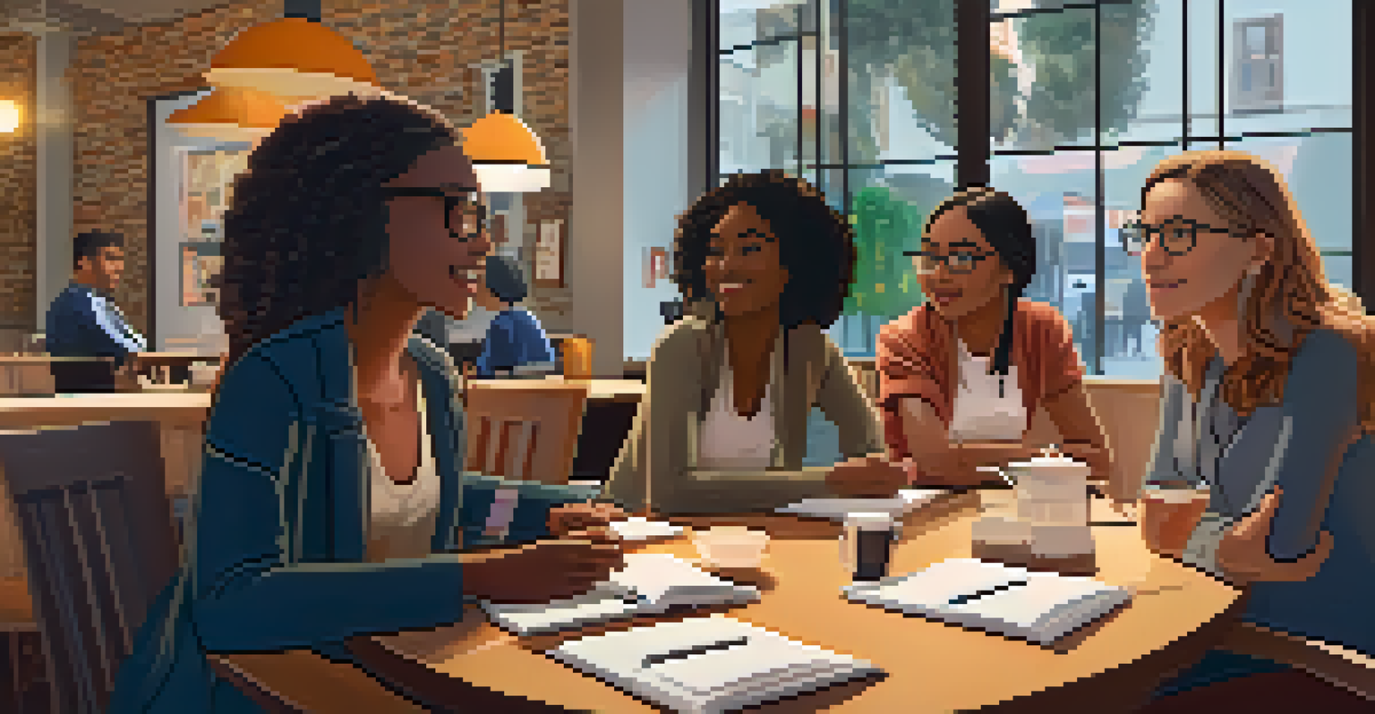 A diverse group of women discussing film criticism at a café, with laptops and notepads.