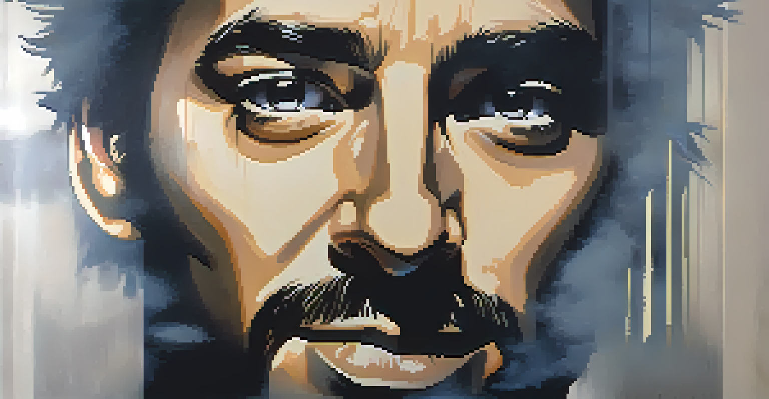 A dramatic film poster with a close-up of a character's face in shadows, illuminated by light, featuring a bold title at the bottom.