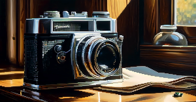 A vintage film camera with rolls of analog film stock on a wooden table, illuminated by warm sunlight.